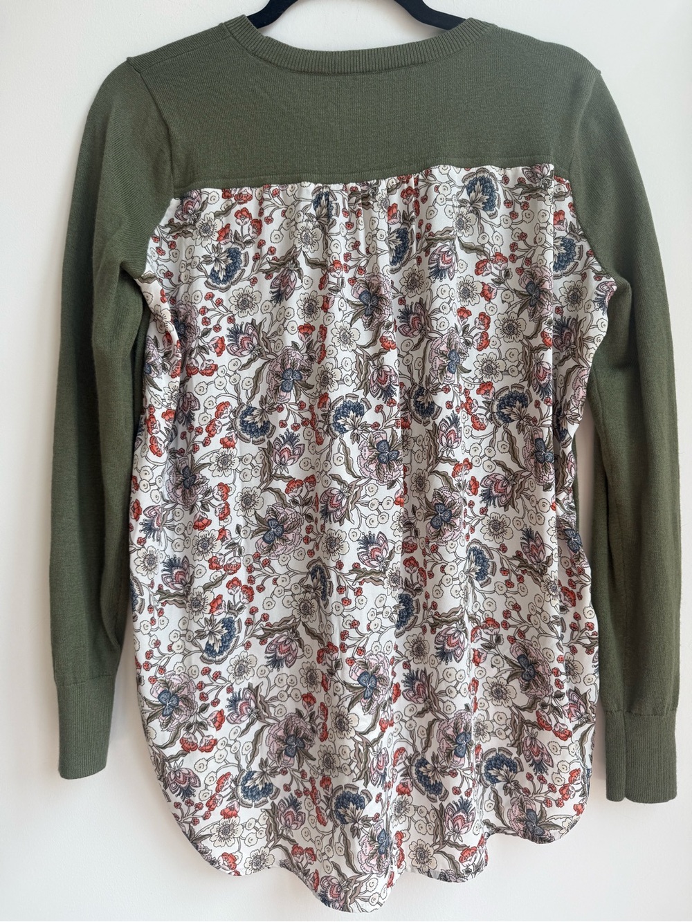 LOFT Olive Green Crewneck Sweater with Floral Layered Hem - Picture 8 of 13